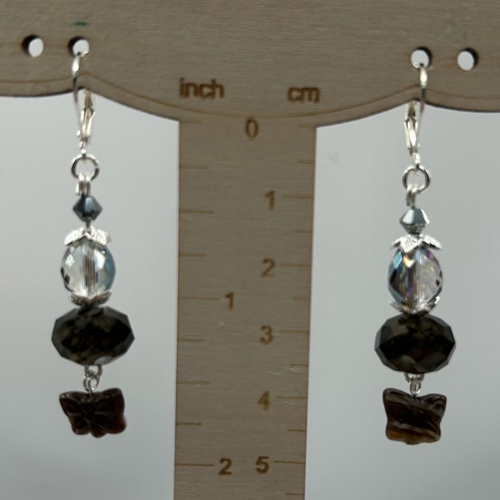 Art Glass, Zebra Marble Stone Butterflies & Crystal Dangle Earrings